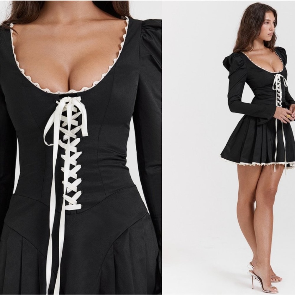 HOUSE OF CB Larisa Black Cream Lace Up Pleated Mini Dress XS NWOT - Picture 11 of 12